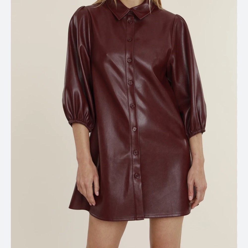 7 For All Mankind Burgundy Vegan Leather Shirt Dress, Size Medium